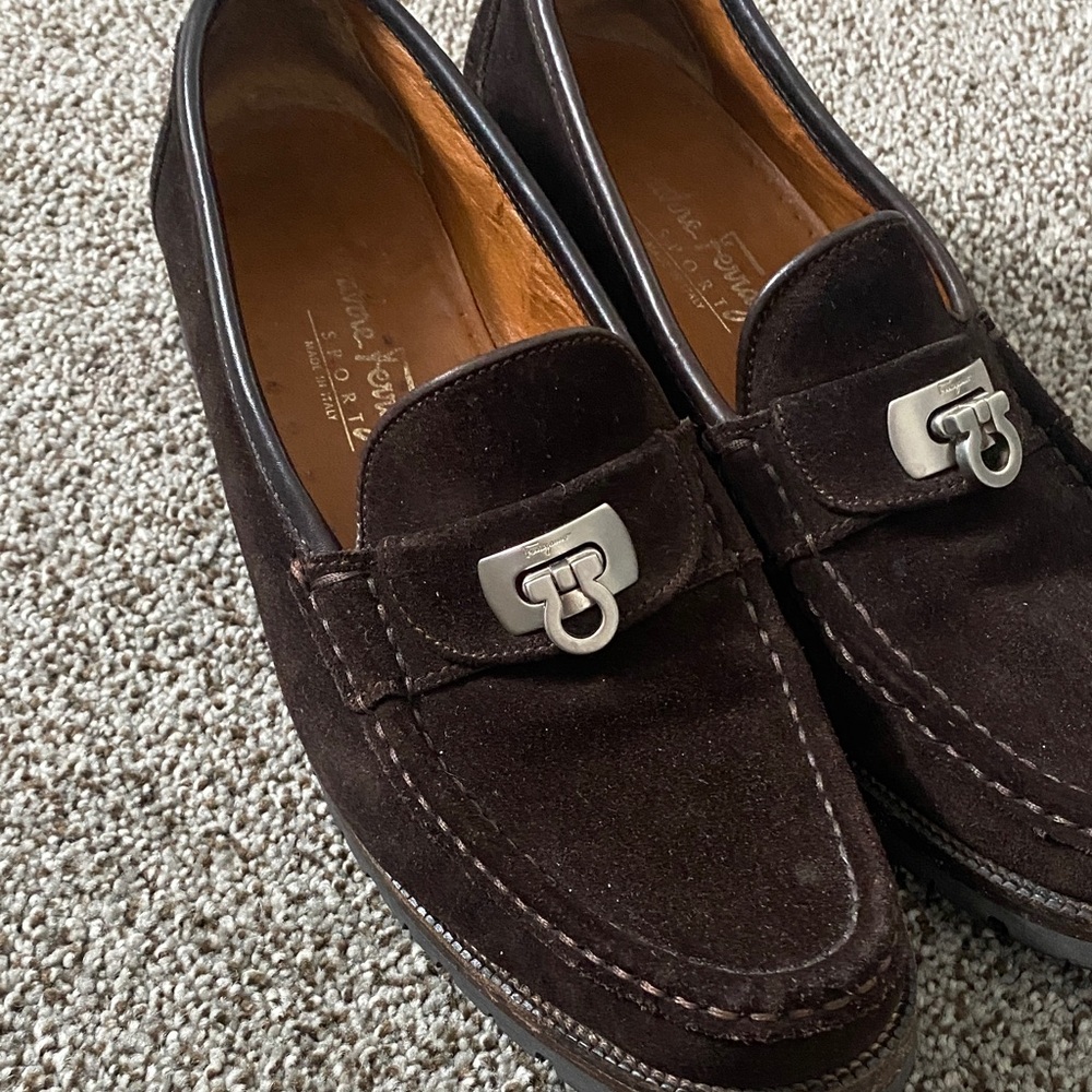 Salvatore Ferragamo Dark Brown Suede Loafers with Silver Accent